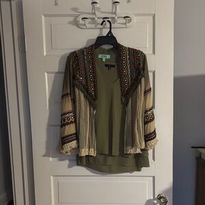 Karlie Bohemian Colorful Embroidered Jacket with Olive Top